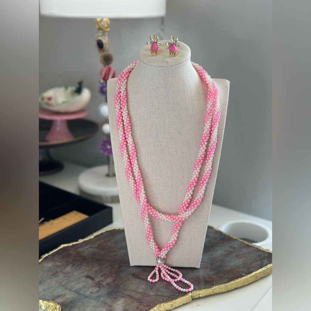 Vintage Hong Kong tiny pink and white faux pearl necklace w Park Lane earrings